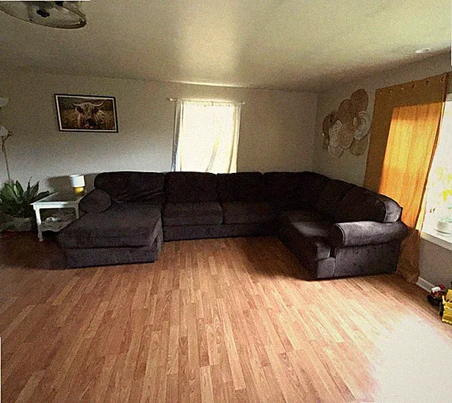 Brown Fabric Sectional Sofa, Rolled Arms, Cushions, 6-Seater