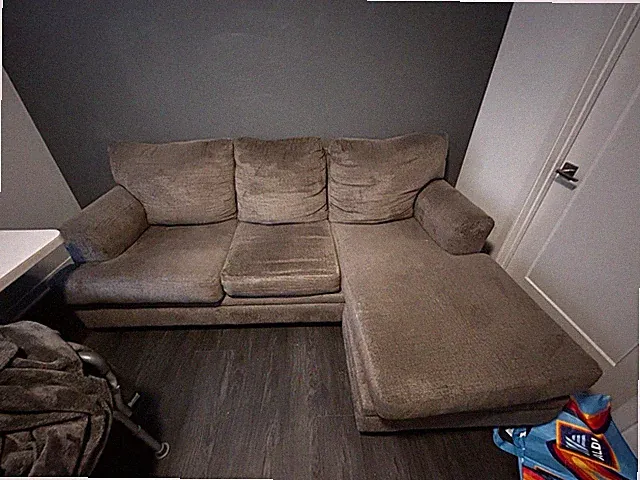 Brown Fabric Sectional Sofa with Chaise, Wood Frame, Cushions, Seats 3