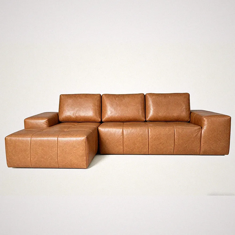 Brown Faux Leather Cloud Sectional Sofa with Chaise, L-Shaped Modular Sofa