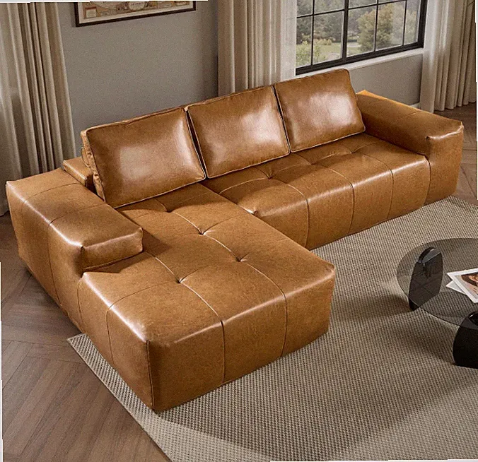 Brown Faux Leather Modular Sectional Sofa w/ Chaise, Cloud Couch No Assembly