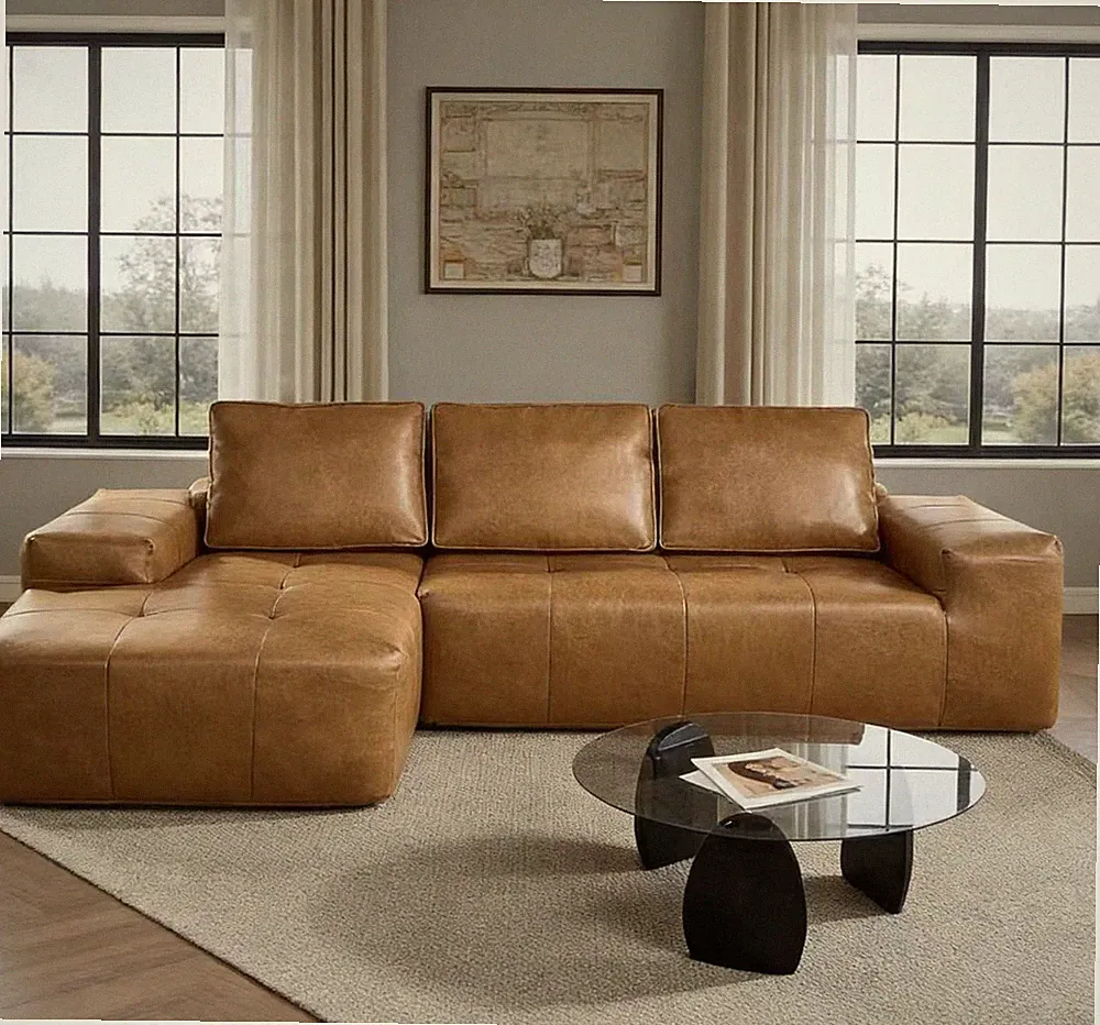 Brown Faux Leather Modular Sectional Sofa w/ Chaise, Cloud Couch No Assembly