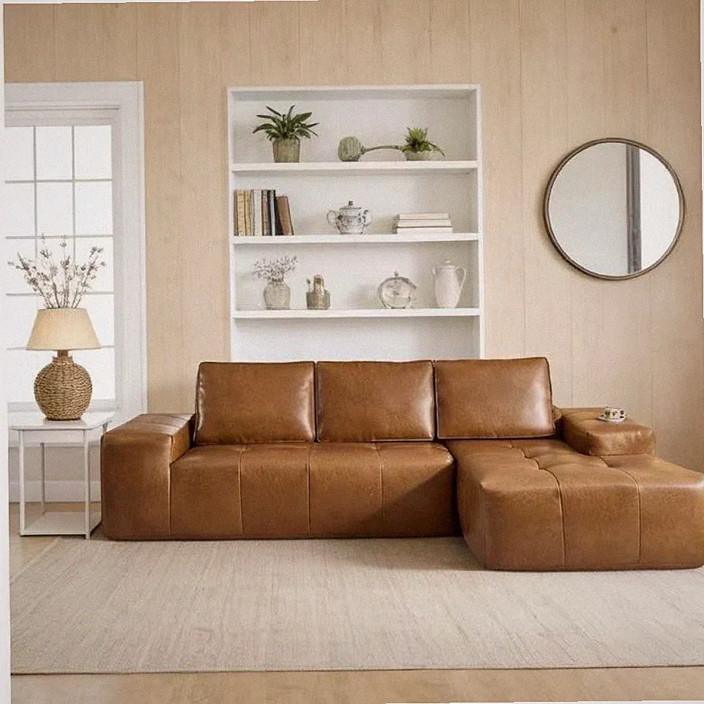 Brown Faux Leather Modular Sectional Sofa w/ Chaise, Cloud Couch No Assembly