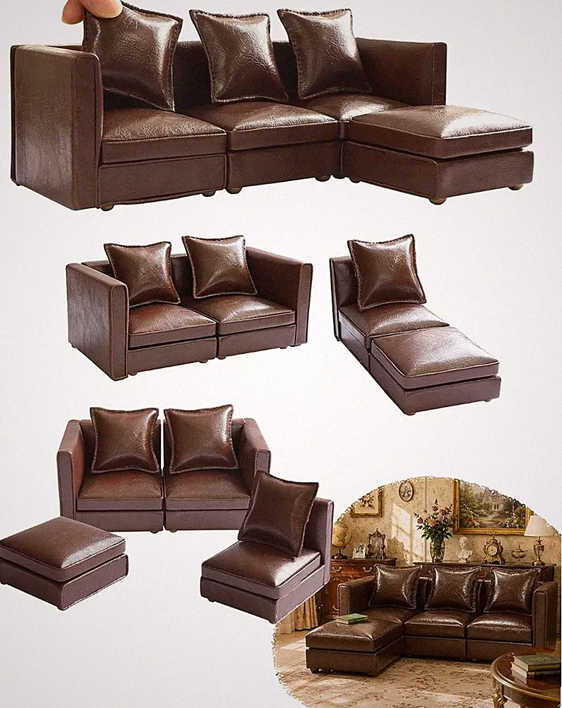 Brown Faux Leather Sectional Dollhouse Sofa Couch Set Furniture Dollhouse