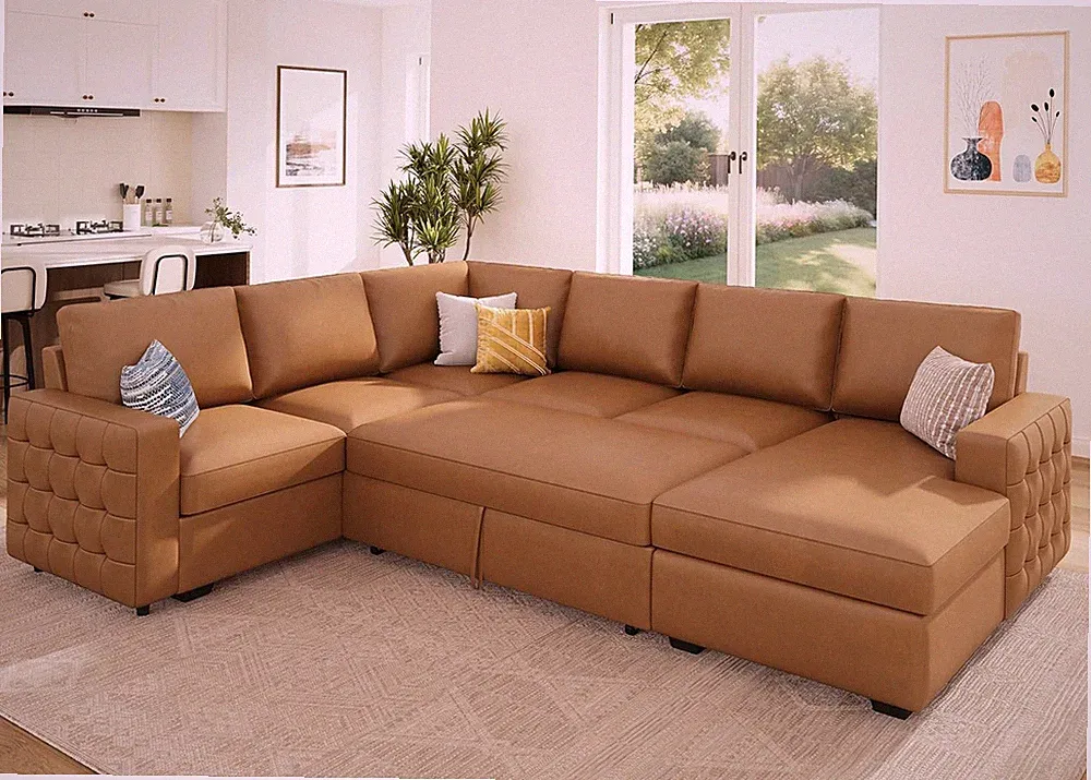 Brown Faux Leather Sleeper Sectional Couch with Pull-Out Bed & Storage