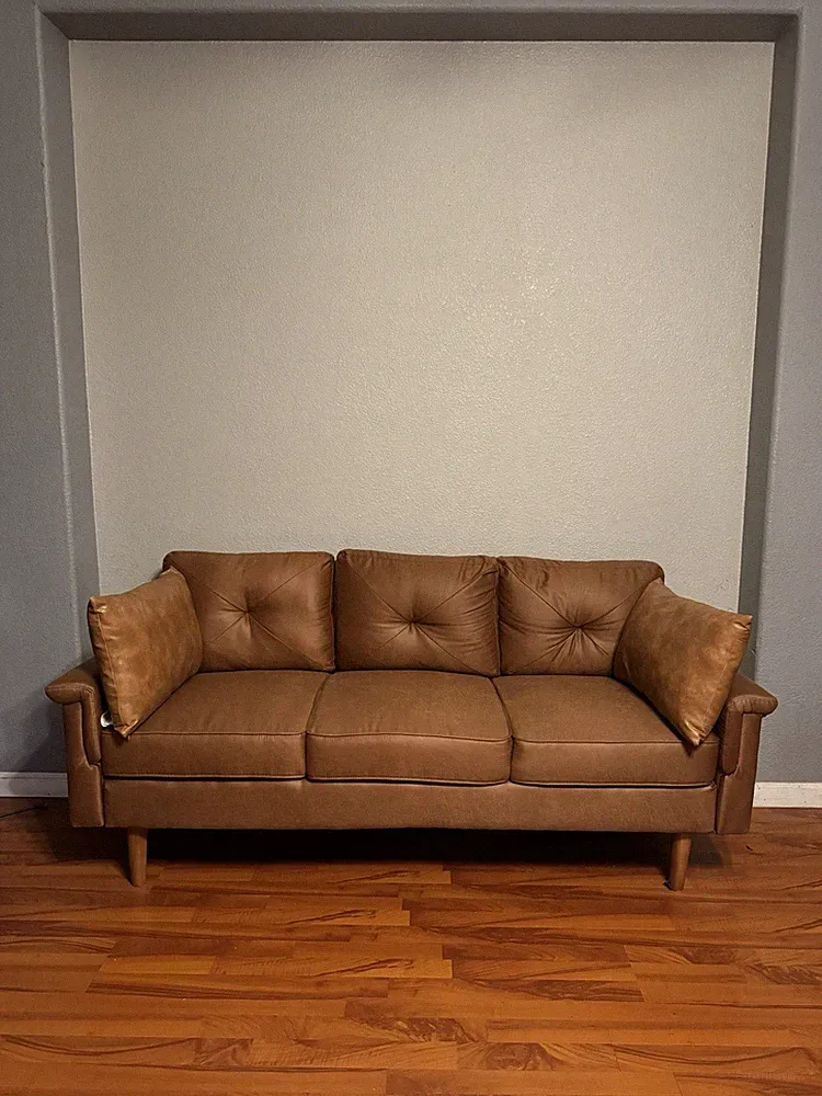 Brown Faux Leather Three-Cushion Sofa Tufted Back Wooden Legs Modern Living Room