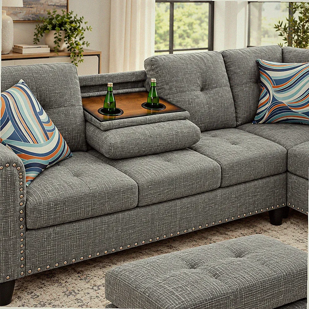 Brown Grey Linen 3-Piece Sofa Set Living Room Sofa B