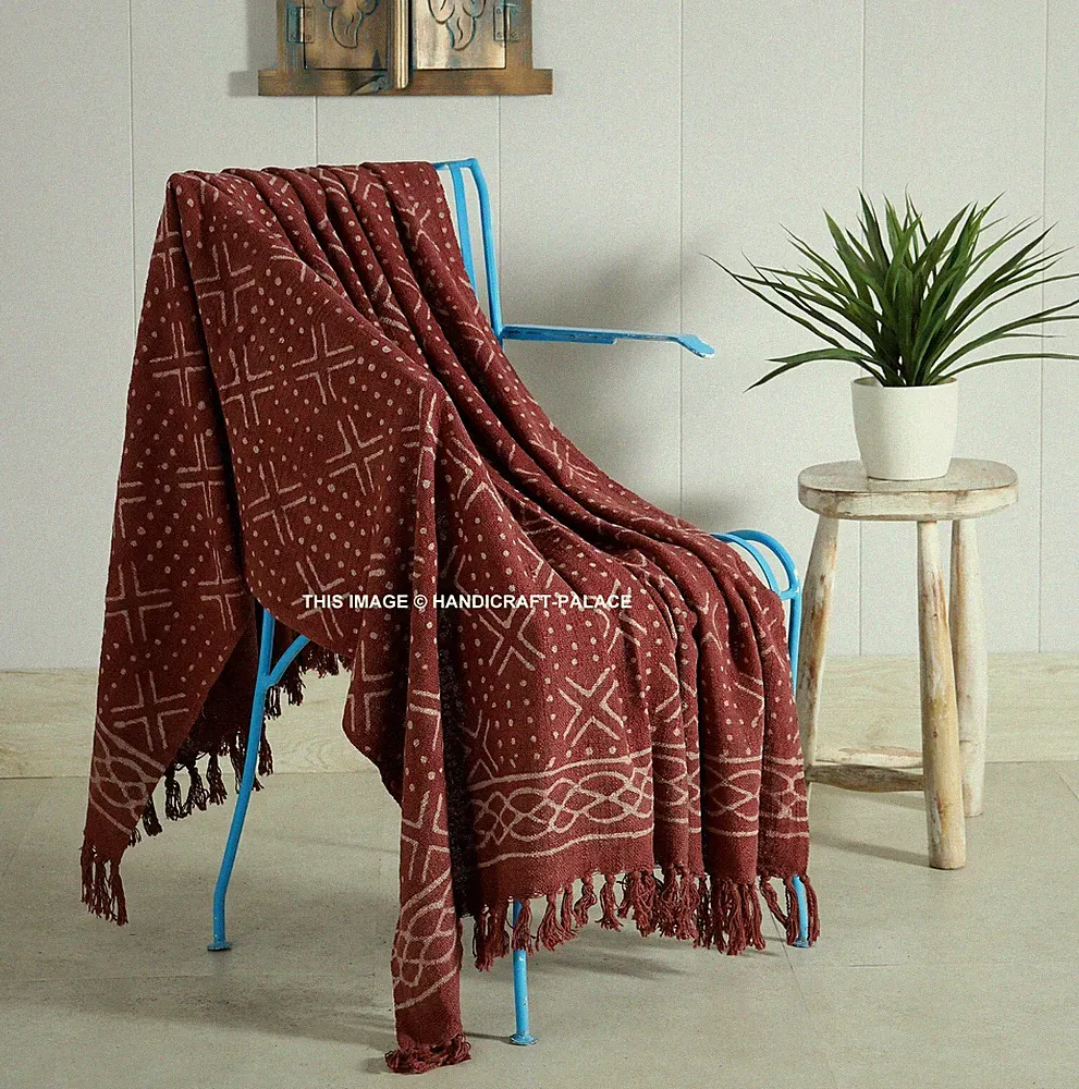 Brown Hand Block Printed Throw Blanket Bohemian Mud Cloth Indian Sofa Bed Throw