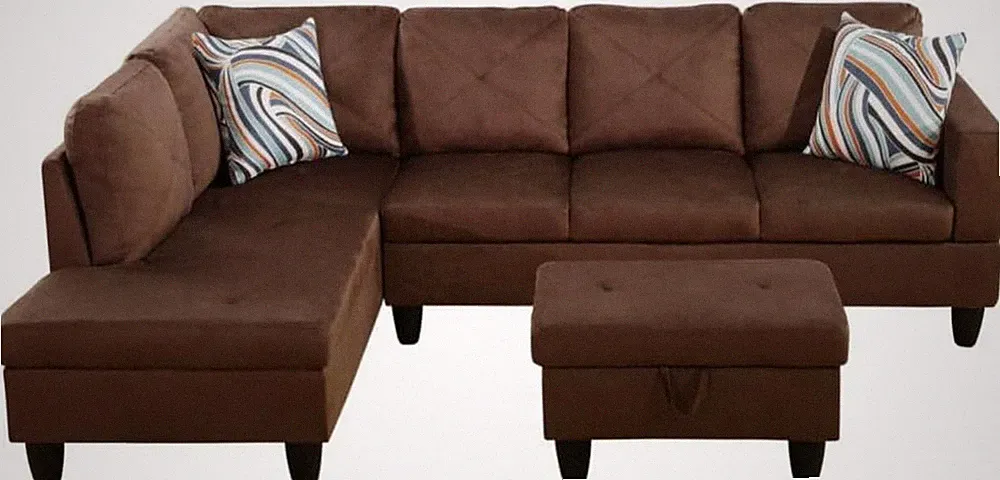 Brown L-Shaped 3-Piece Microfiber Sofa with Storage Ottoman Set, Sectional Couch