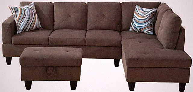 Brown L-Shaped Corduroy Sofa Set with Storage Ottoman for Small Spaces