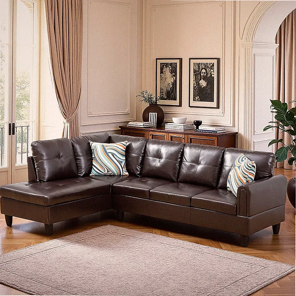 Brown L-Shaped Modular Couch with Chaise for Small Spaces and Living Rooms