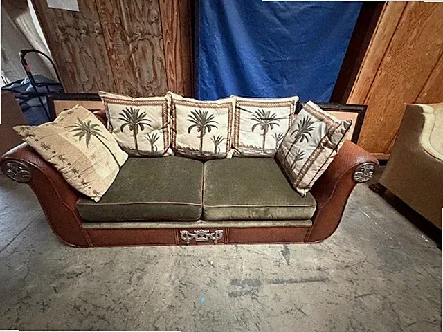Brown Leather Couch Set w/ Tropical Palm Accent Pillows