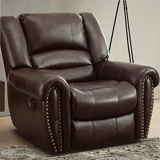 Brown Leather Heavy Duty Manual Reclining Single Lounge Sofa Living Home Theater