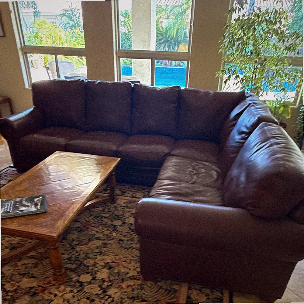 Brown Leather L-Shaped Sectional Sofa, Padded Arms, Cushioned Back