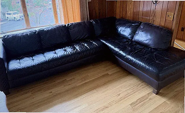 Brown Leather L-Shaped Sectional Sofa w/ Cushions 12ft 11in, Seats 8+