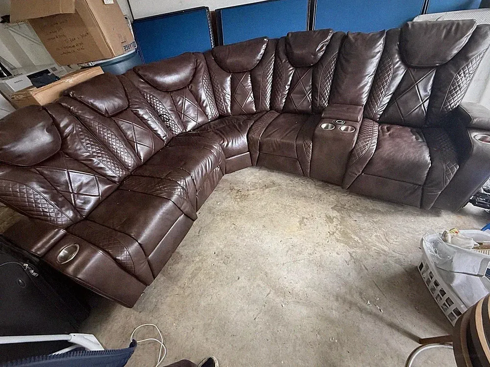 Brown Leather Reclining Sectional Sofa with Console Cup Holders, Solid