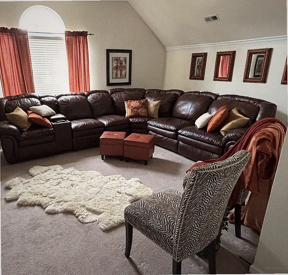 Brown Leather Sectional Sofa Set with Accent Chair, Cushions, Ottoman, Seats 6+