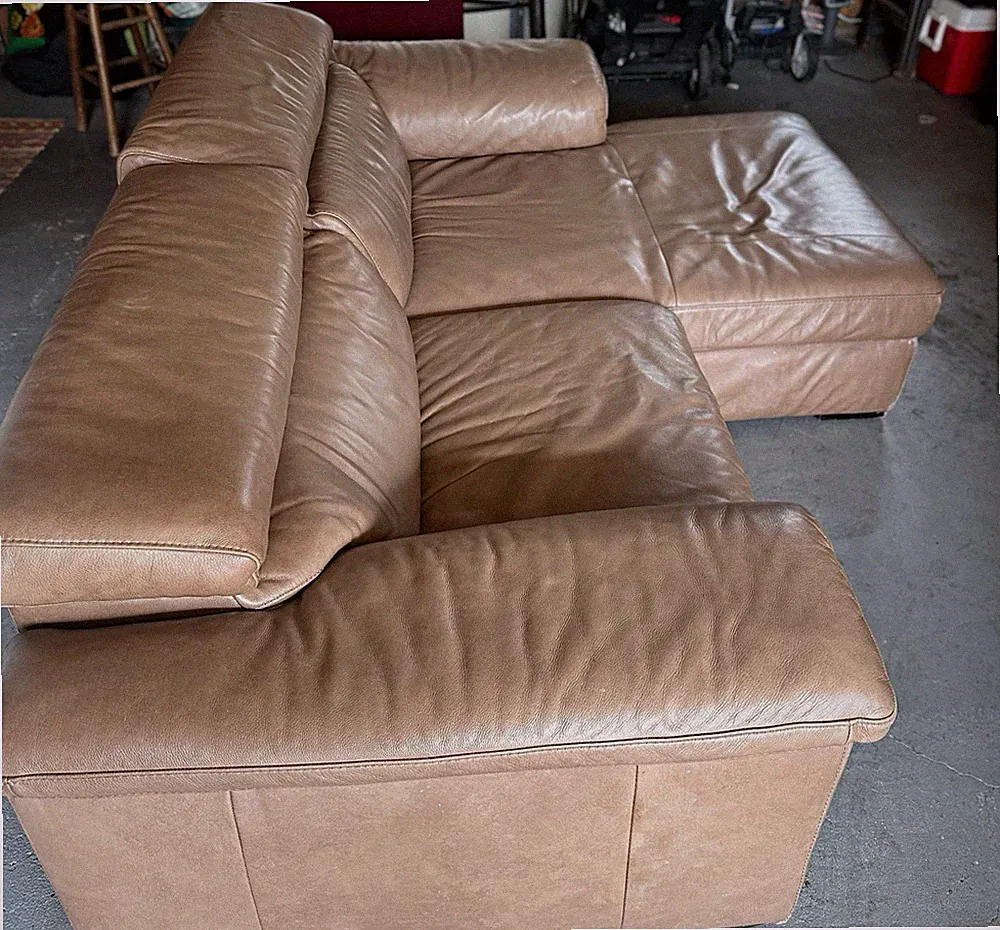 Brown Leather Sectional Sofa w/ Chaise Lounge, Modern, 3 Seat, Solid