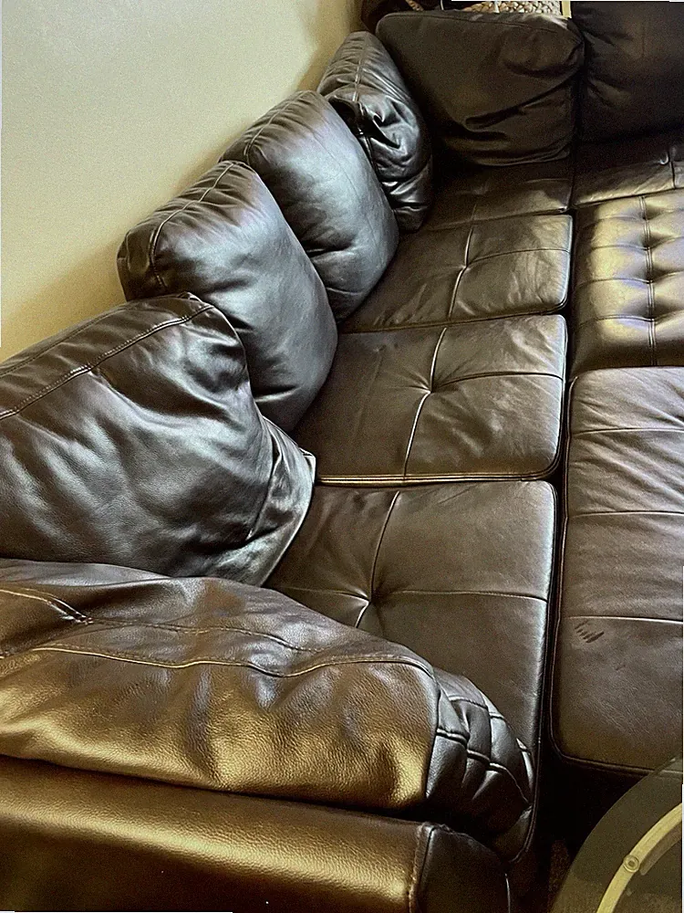 Brown Leather Sectional Sofa with Ottoman (2), Chaise, Pad Arms, & Pillows