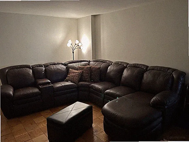 Brown Leather Sectional Sofa, Wood Frame, High Back, Cup Holder, Seats 6+