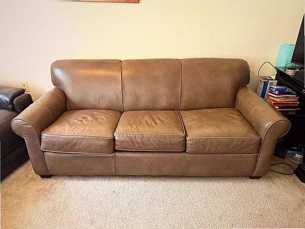 Brown Leather Sleeper Sofa Pull-Out Double Bed, Rolled Arms, Seats 3