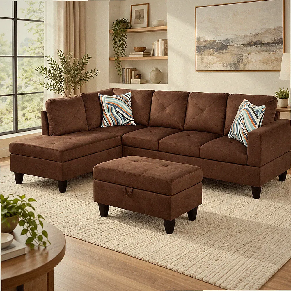Brown Microfiber 3-Piece Living Room Sofa Set A