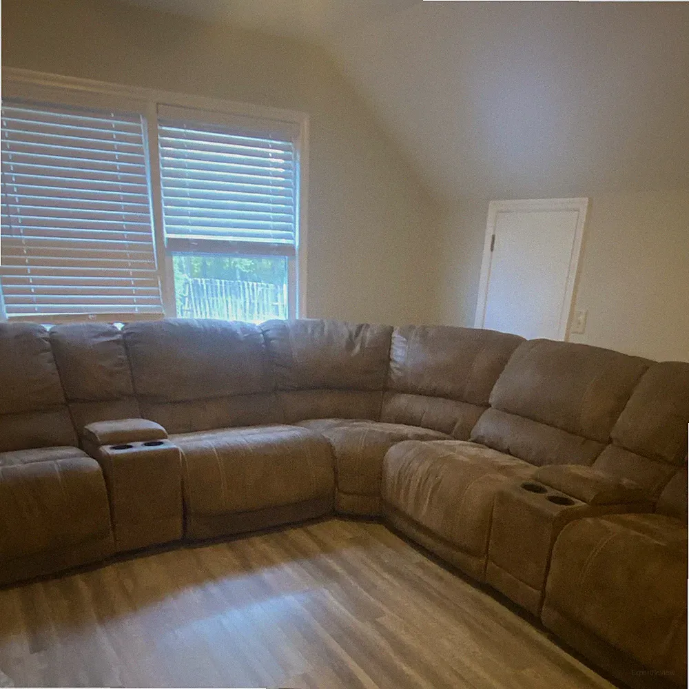 Brown Microfiber Reclining Sectional Sofa w/ Console Cup Holders, needs a clean!