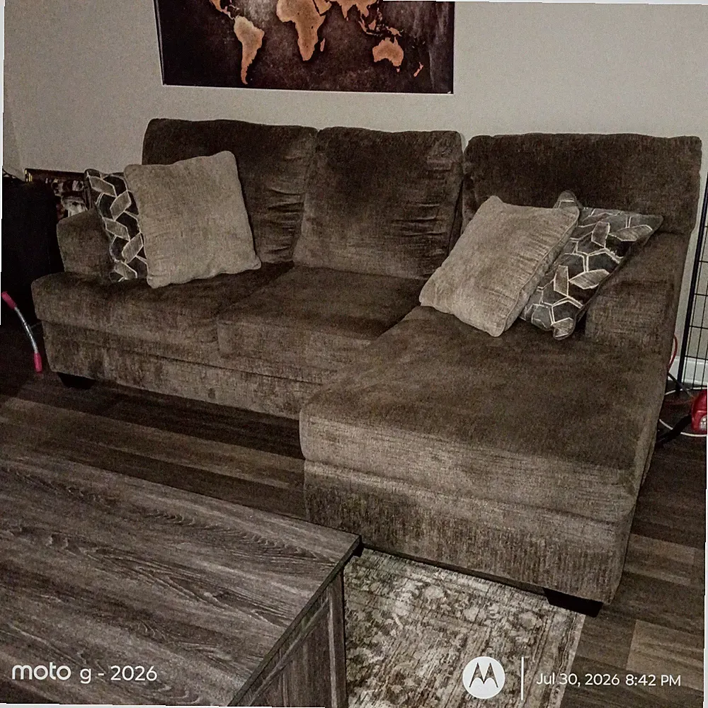 Brown Microfiber Sectional Sofa with Chaise, Track Arms, Cushions, 3-Seater