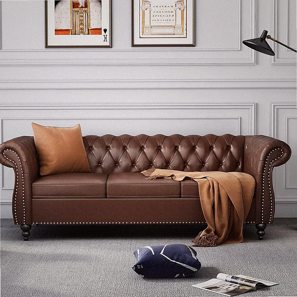 Brown Mid-Century Chesterfield 3-Seater Leather Sofa for Living Room & Office