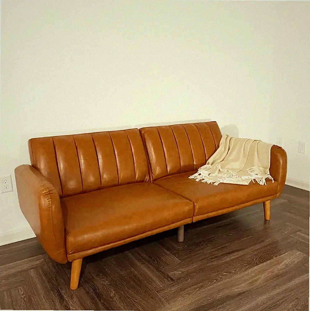 Brown Mid-Century Modern Faux Leather Convertible Futon Sofa Bed Couch MCM Livin