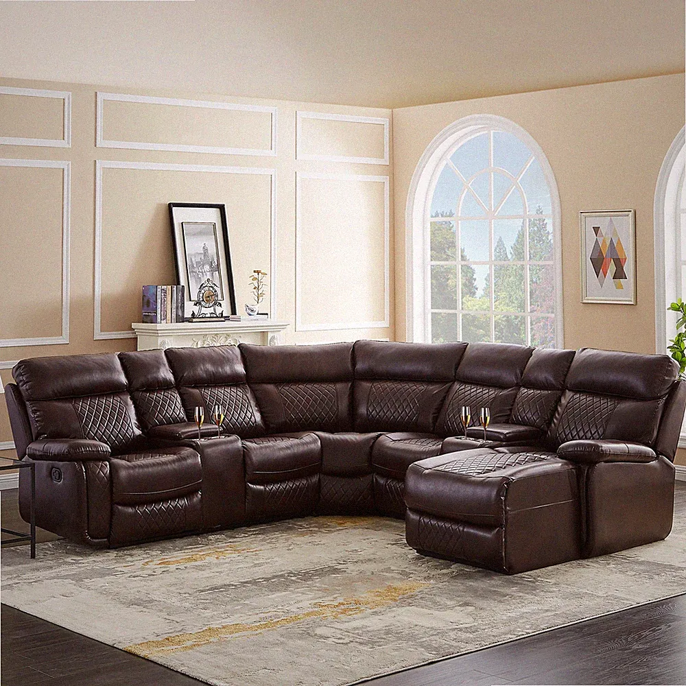 Brown Motion Sectional L/R Facing Loveseat w Console Recliner Wedge Silver Studs
