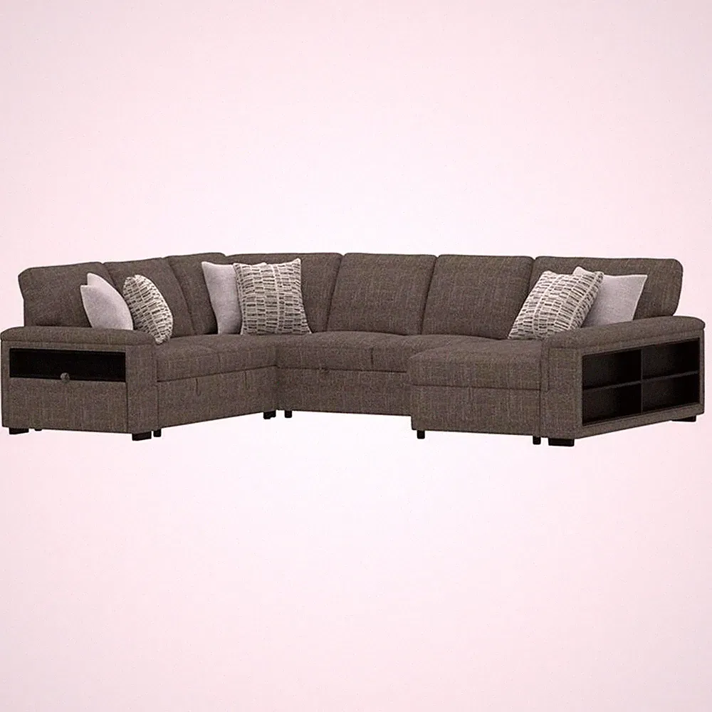 Brown Pop-Up Sectional Sofa with Storage and Fold-Down Console