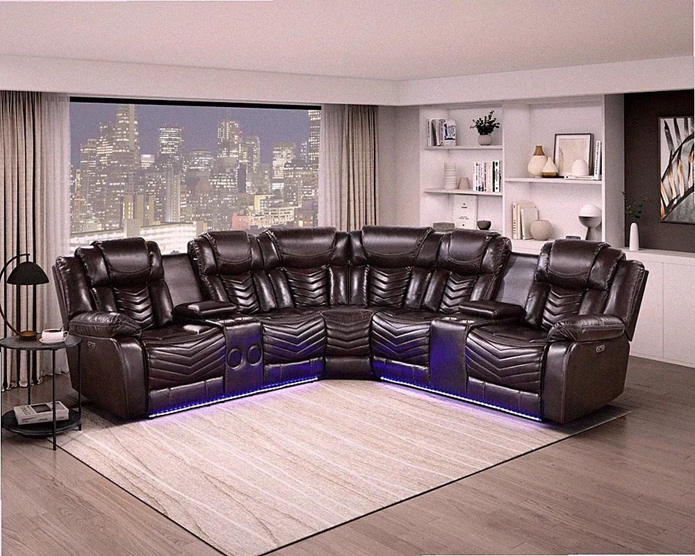 BROWN POWER RECLINING LED SOFA SECTIONAL CONSOLES SPEAKERS LIVING ROOM FURNITURE