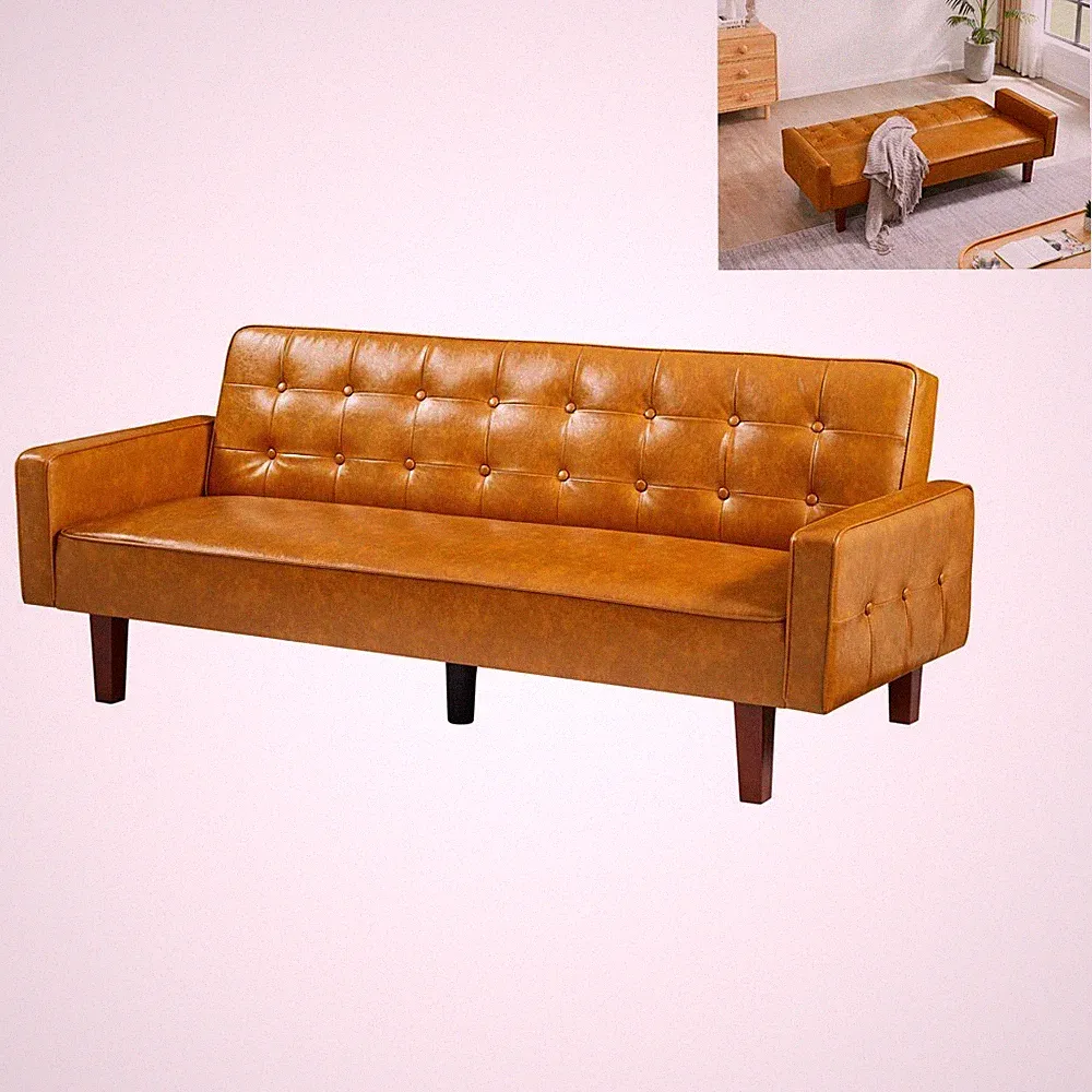 Brown PU Leather Convertible Double Folding Living Room Sofa Tufted Buttons Bed