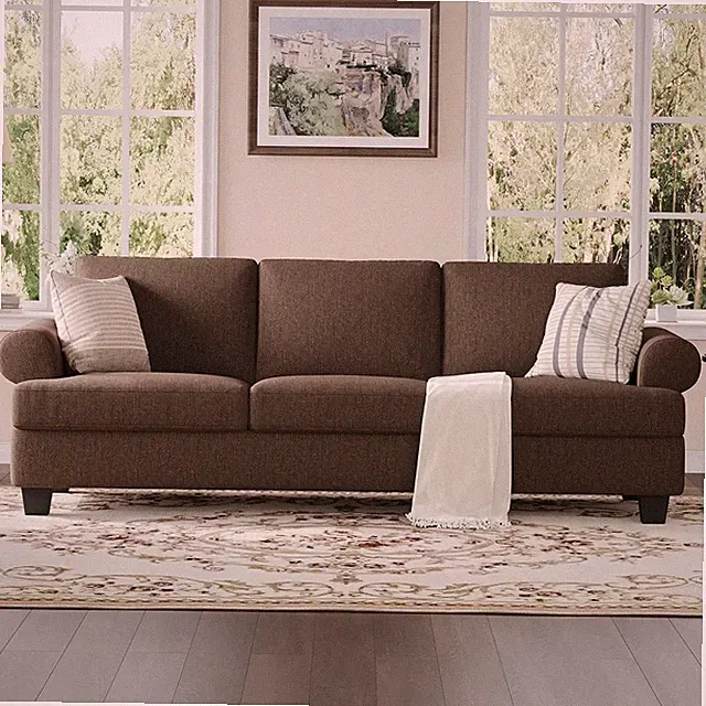 Brown Rolled Arm Linen Sofa Couch Extra Deep Seat Removable Cushions Living Room