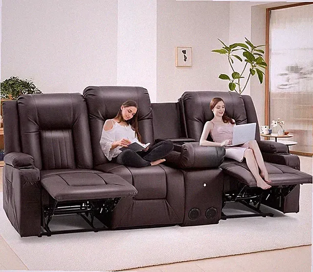 Brown RV Loveseat Recliner Sofa 87.6in Wide Faux Leather Console 4 Cup Holders