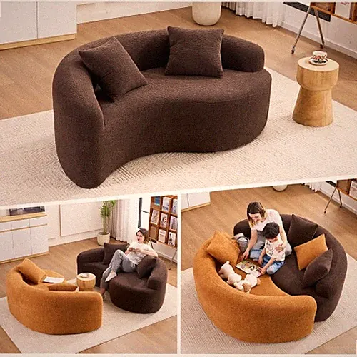 Brown Sectional Sofa Modern Chenille Curved Compact Sofa For Small Spaces
