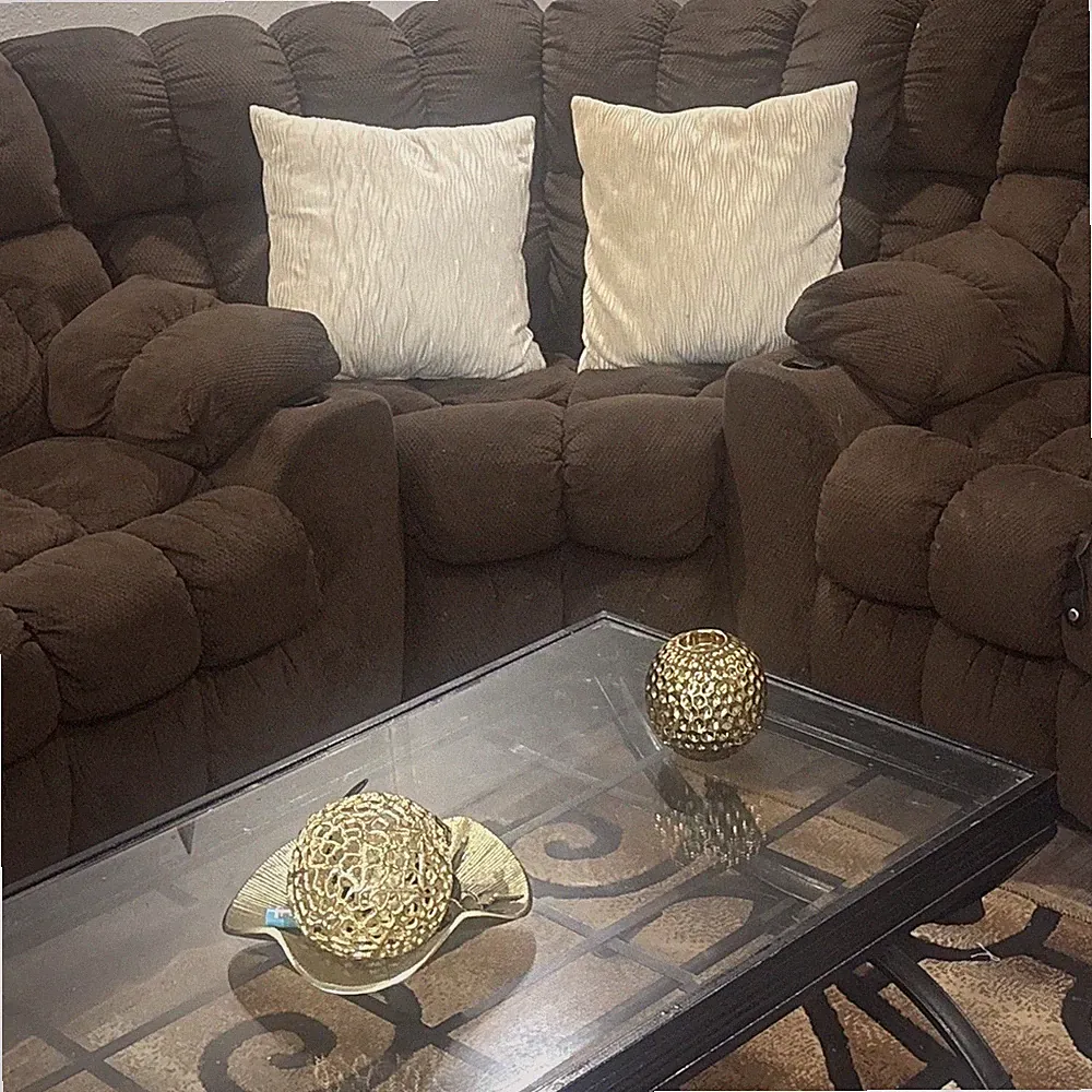 Brown Sectional Sofa, Tufted Back, Pillow Top Arms, Cushions, Wood Frame