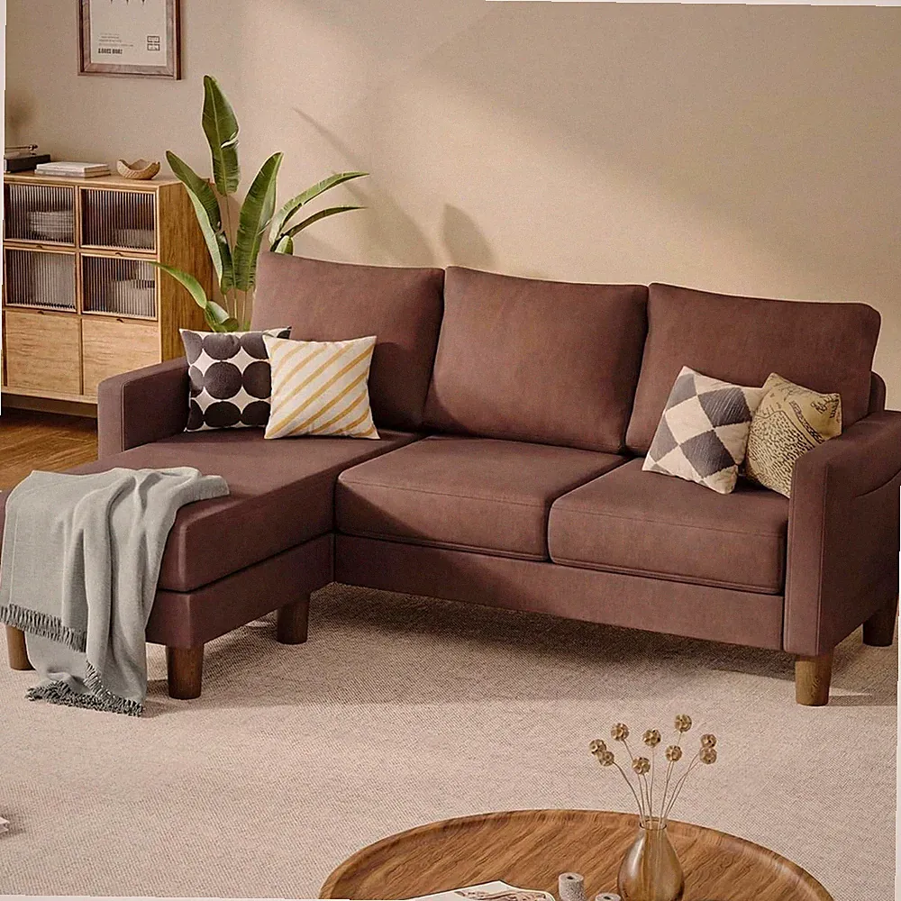 Brown Sectional Sofa with Chaise Removable Footrest Modular 3-Seater Couch