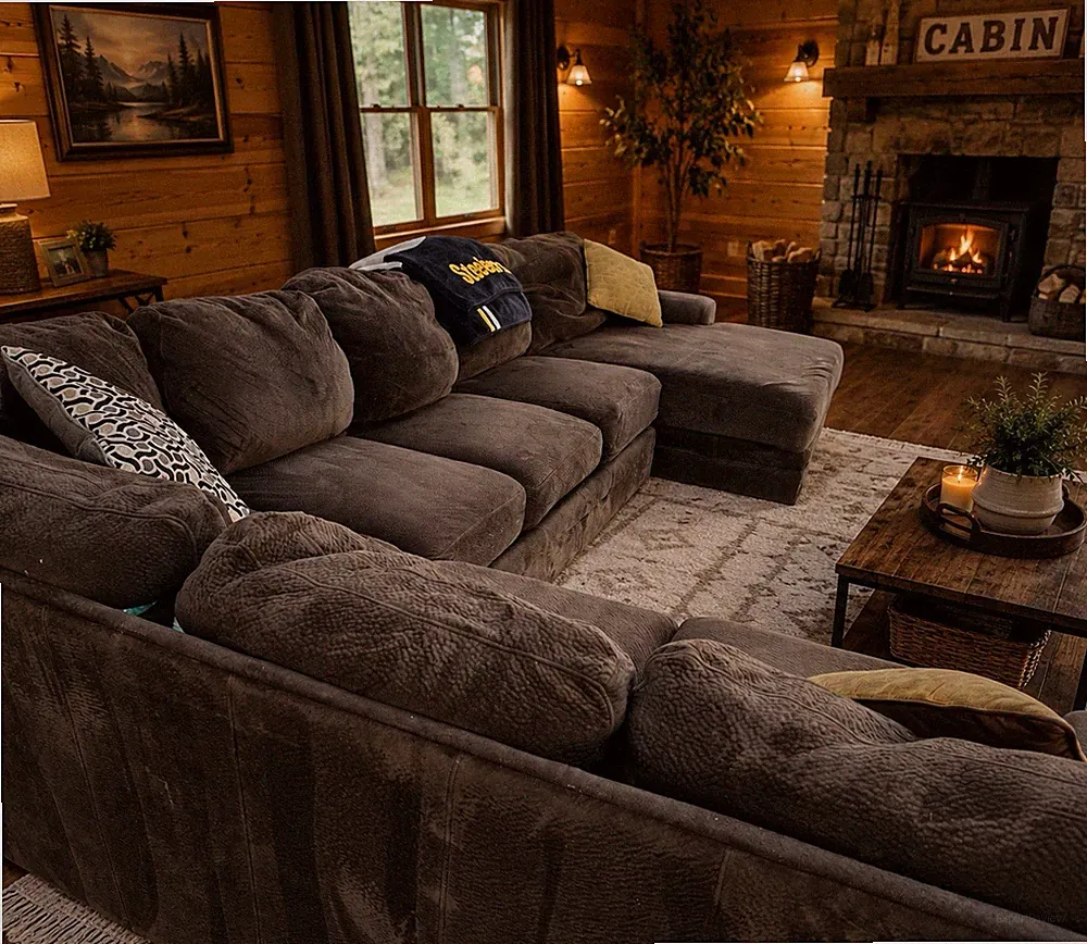Brown Solid Fabric Sectional Sofa/Couch Right Chaise Traditional Round Arm