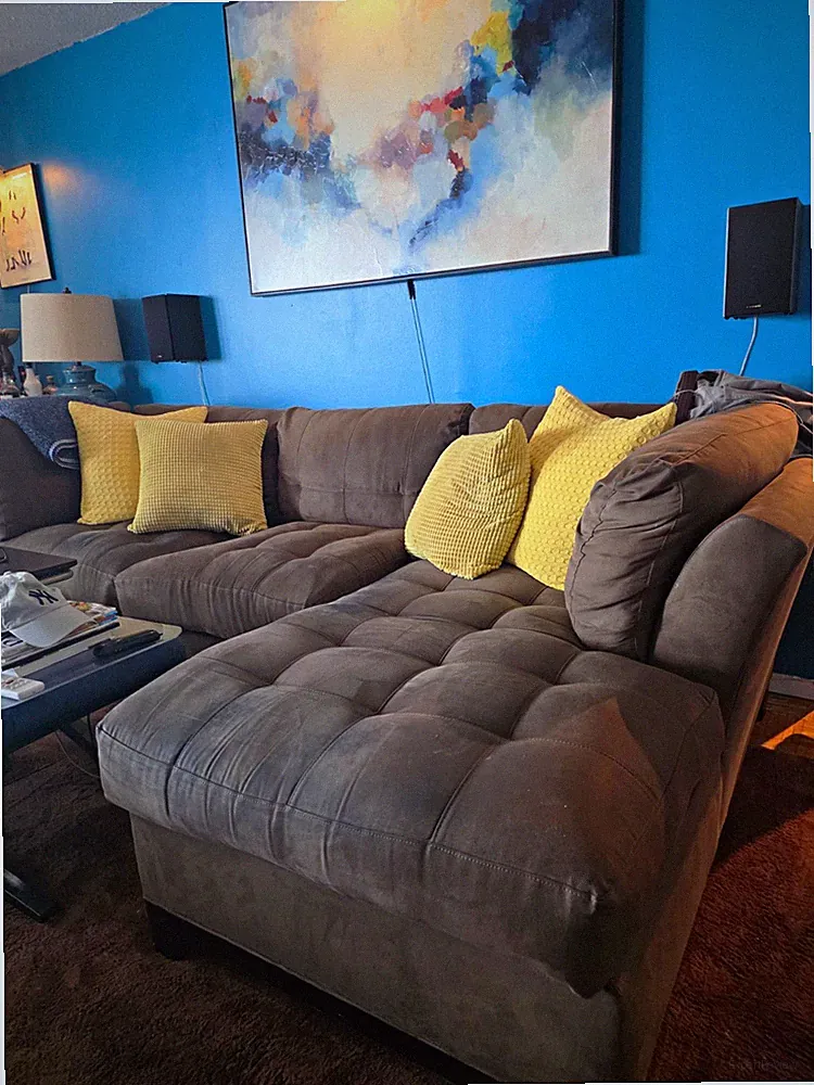 Brown Solid Sectional Sofa w/ Chaise Lounge, Tufted, 70" Wide, Pillows