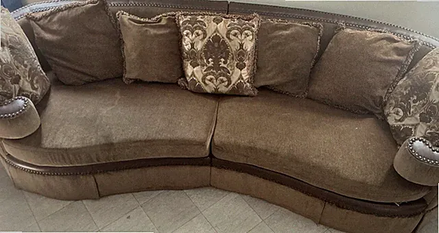 Brown Traditional Fabric Sofa and Armchair Set, Damask Pillows, High Back, Used