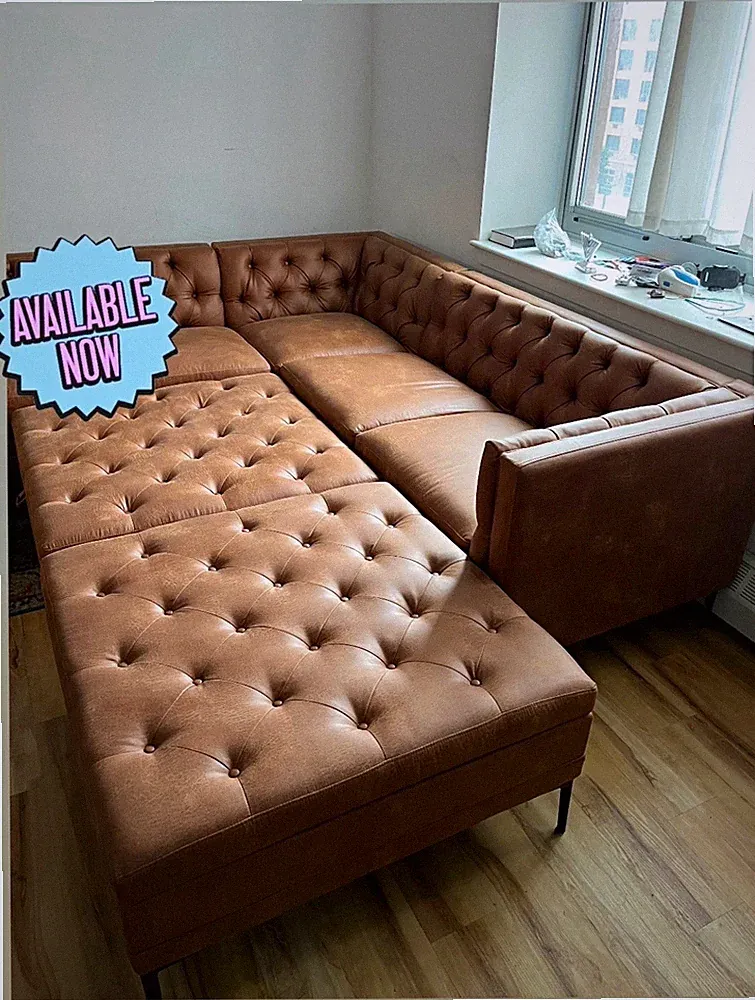 Brown Tufted Faux Leather L-Shaped Sectional Sofa w/ Chaise, Track Arms