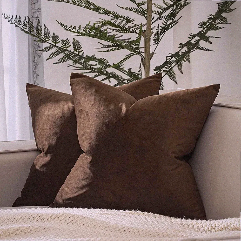 Brown Velvet Throw Pillow Covers Set of 2 for Couch Sofa Bed 14x14 Inch
