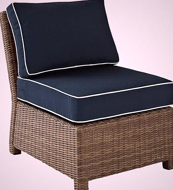 Brown Wicker Armless Outdoor Sectional Chair with Navy Cushions for Patio