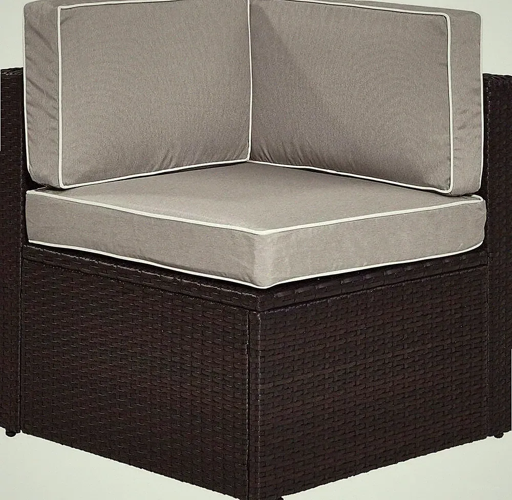 Brown Wicker Corner Outdoor Sectional Chair with Gray Cushions for Patio