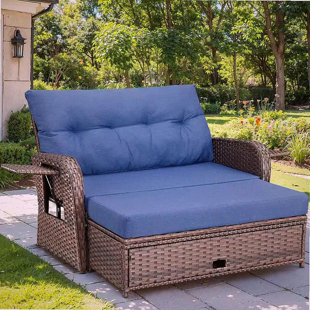Brown Wicker Outdoor Sofa Day Bed Loveseat Sun Lounger for Backyard Porch with C