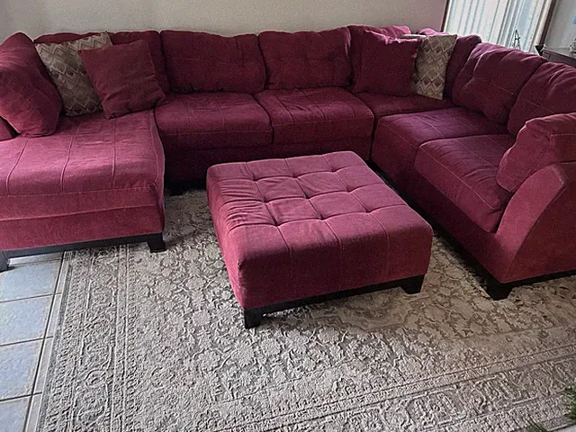 Burgundy Sectional Sofa with Ottoman, Fabric Upholstery, Contemporary, Seats 6+