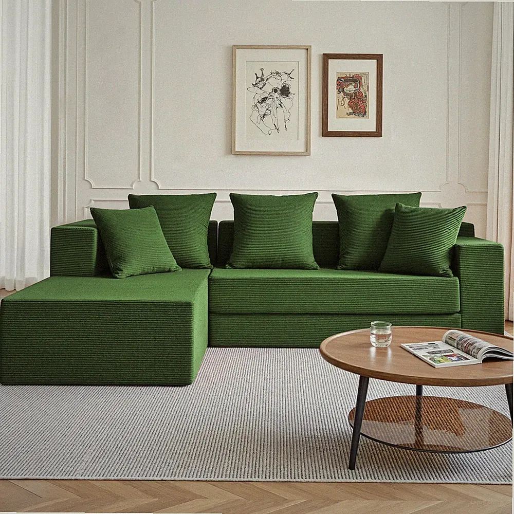 Burnt Green Corduroy 4-in-1 L-Shaped Sectional Sofa Bed, 106.5"