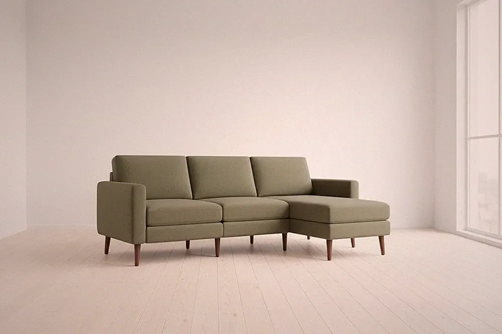 Burrow Nomad Plus 3-Piece Sofa with Chaise, Moss Green, Walnut Arm