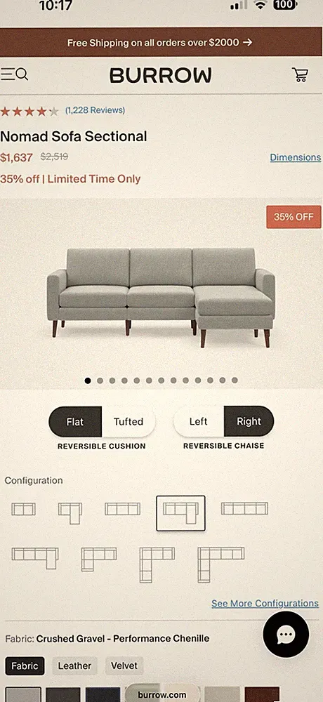 Burrow Nomad Sofa Sectional Gray Performance Chenille 85in USB Reversible